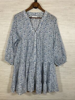 LAKE Eloise Tiered Cotton Blue Floral Button-Front Baby Doll Dress Large